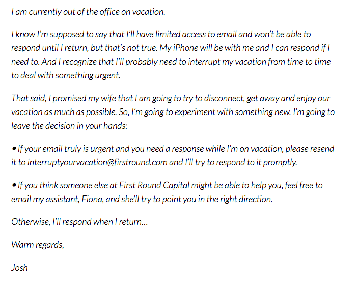 out of office message