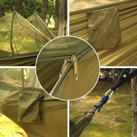 enjoy swinging without being seen in this camouflage mosquito net covered hammoc