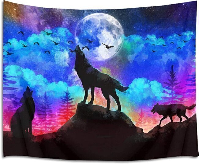 Howling Wolf Indoor Moon Tapestry For Wall Decoration & Themed Office ...