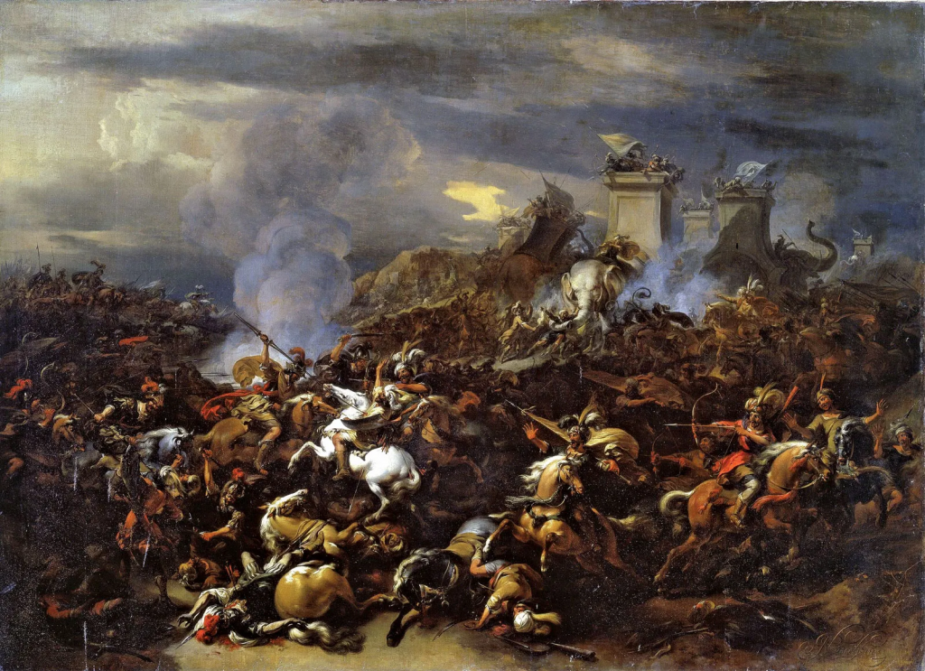 Victory of Alexander the Great over the Indian king Porus at the Battle of the Hydaspes, 326 BCE, as depicted in The Battle Between Alexander and Porus, oil on canvas by Nicolaes Pietersz Berchem, c. late 17th century; in a private collection. 111 x 153 cm.