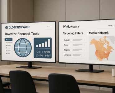 Dual monitor setup displaying GlobeNewswire investor tools