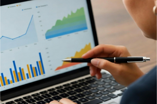 Person analyzing SEO analytics on a laptop screen showing traffic graphs.