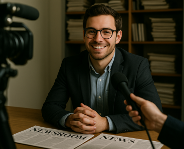 Smiling journalist or spokesperson being interviewed on camera