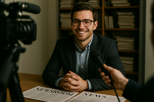 Smiling journalist or spokesperson being interviewed on camera