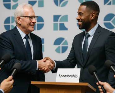 Two men shaking hands with a white cardboard showing sponsorship