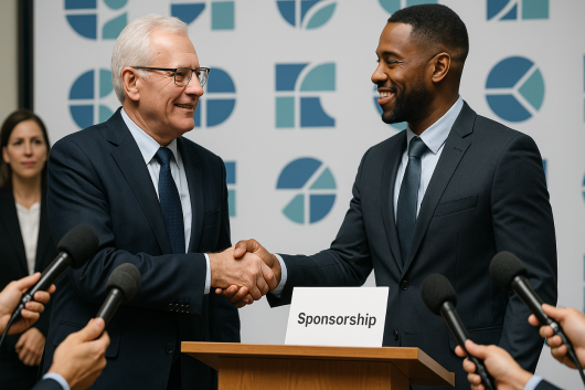Two men shaking hands with a white cardboard showing sponsorship